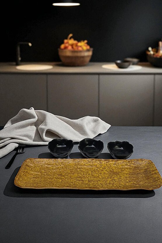 Wood Savana 41cm Porselen Kayık Sunum Tabağı  Porselen Sosluk Kase Siyah 9cm