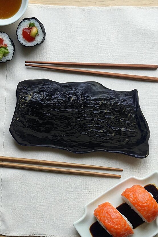 Wood 25 cm Porselen Dikdörtgen Gondol Kayık Tabak Sushi Tabağı