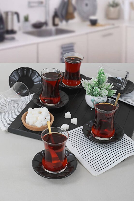 Mat Siyah Cam Çay Takımı 12 Parça 6 Kişilik