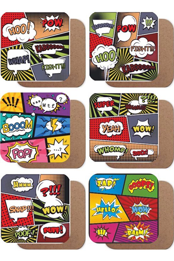 Pop Art Desen 6lı Ahşap Bardak Altlığı Seti