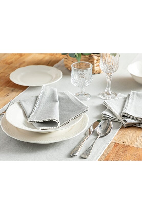 Cecily Pamuk 4’lü El Işlemeli Misafir Peçetesi 34x34 Cm Gri