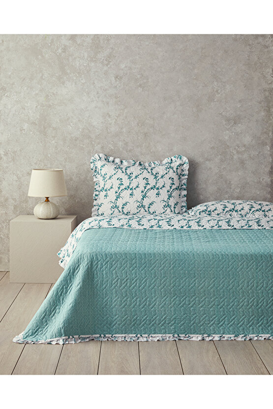 Scroll Flowers Tek Kişilik Yatak Örtüsü Takımı Yeşil