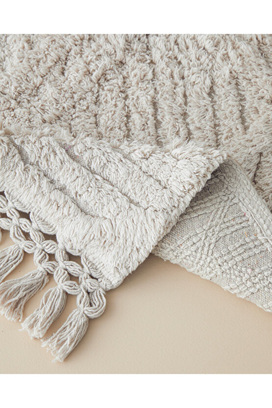 Tassel Check Pamuklu Püsküllü Banyo Paspası Bej
