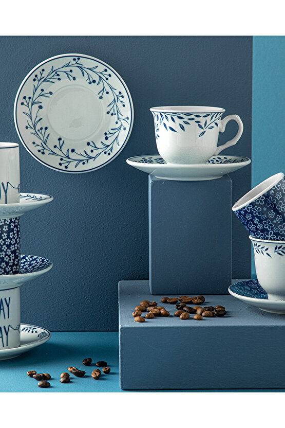 Happy Sunday Porselen 4 Parça 2 Kişilik Kahve Fincan Takımı Lacivert