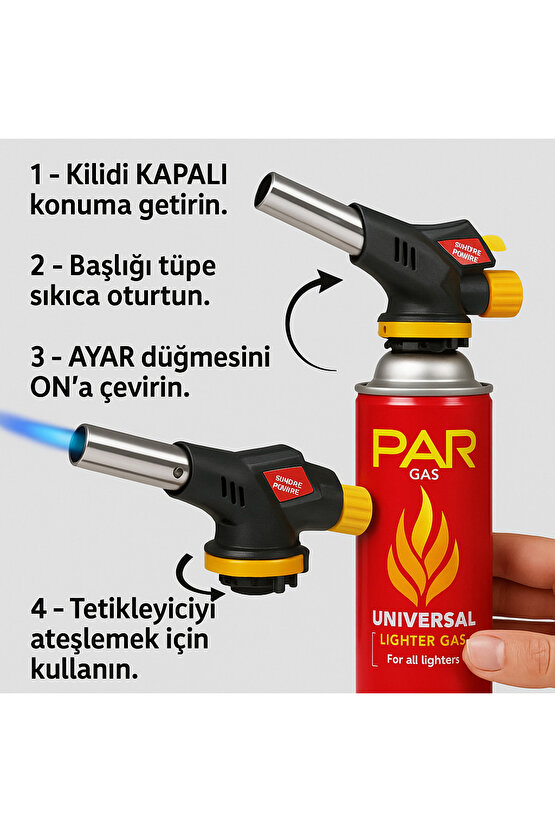 Pürmüz Çakmak Başlığı + 6 Adet PAR Gas Çakmak Gazı Seti | 1300°C Jet Alev | Mutfak, Kamp
