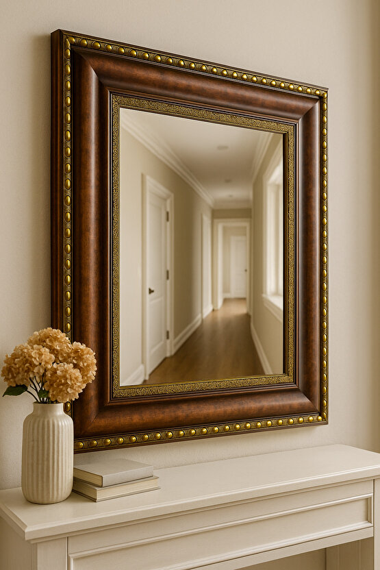 Kahverengi Gold Altın Varaklı Çerçeveli Ayna 9cm Genişlikte Çerçeve-Gold Ayna-Klasik Ayna-Salon Ayna