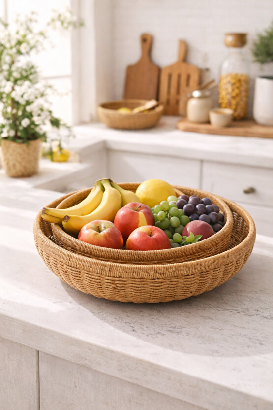 2’li Yuvarlak Hasır Servis Tepsisi Seti Rattan Örgü – İç İçe Geçen Dekoratif Sunum Tepsileri