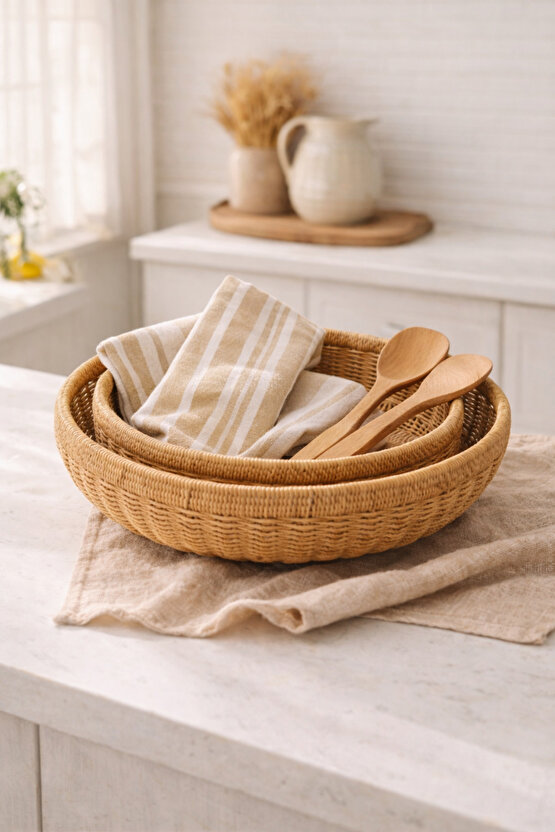 2’li Yuvarlak Hasır Servis Tepsisi Seti Rattan Örgü – İç İçe Geçen Dekoratif Sunum Tepsileri