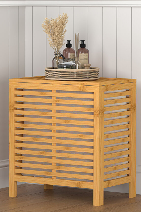 Bambu Kapaklı 105 Lt Çamaşır Sepeti Çok Amaçlı Depolama Dolabı Havalandırmalı Dekoratif Kirli Sepeti