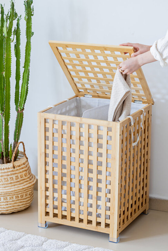 Bambu Kapaklı 80 Lt Çamaşır Sepeti – Çıkarılabilir İç Torbalı, Büyük Hacim, Şık Banyo Düzenleyici