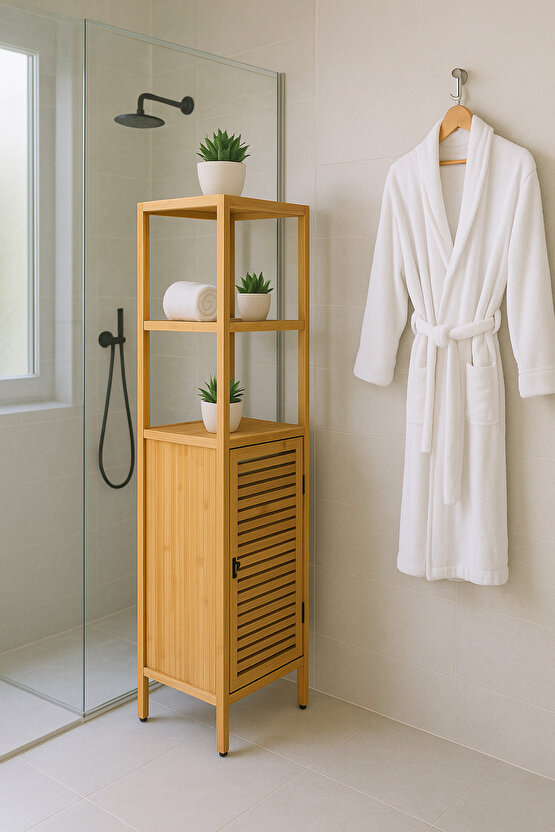 Bambu Banyo ve Çamaşır Dolabı – Çok Raflı, Kapaklı, Doğal Ahşap Düzenleyici