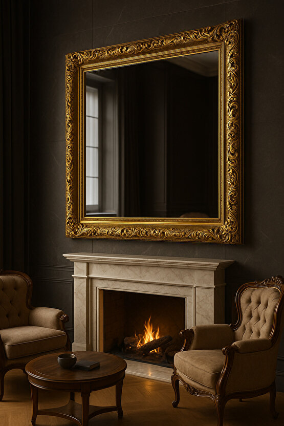 Altın Varaklı Çerçeveli Ayna-9cm Çerçeve Genişliği- Gold Ayna - Klasik Ayna- Salon Ayna