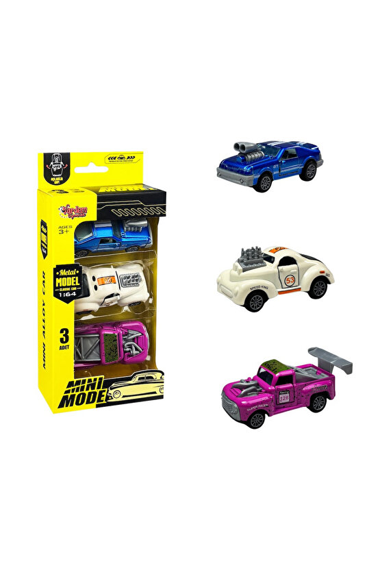 Oyuncak 3 Parça Çek Bırak Mini Model Metal Clasic Araba 1:64 Ölçek Kutulu