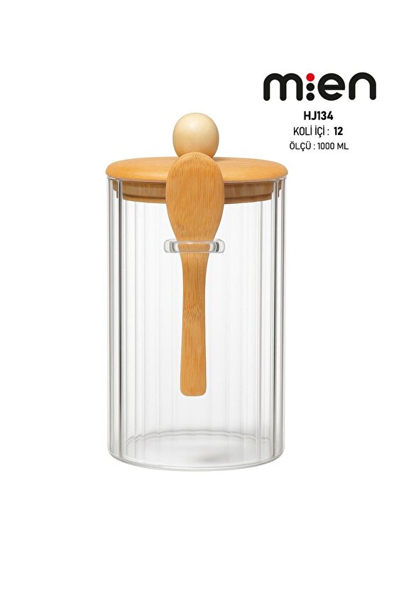 Kaşıklı Cam Kavanoz-1000ml , Çok Amaçlı Kavanoz, Vakumlu bambu kapak