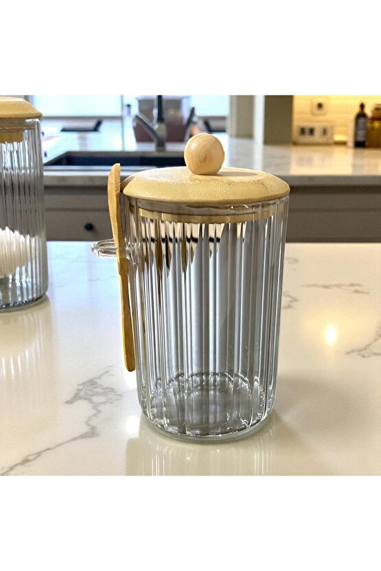 Kaşıklı Cam Kavanoz-1000ml , Çok Amaçlı Kavanoz, Vakumlu bambu kapak