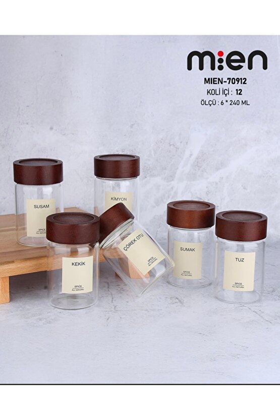 6lı Akasya Kapaklı Yuvarlak cam baharatlık 240 ml baharatlık ( 12 adet etiketi ile birlikte)