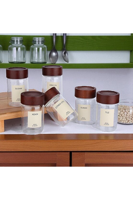 6lı Akasya Kapaklı Yuvarlak cam baharatlık 240 ml baharatlık ( 12 adet etiketi ile birlikte)