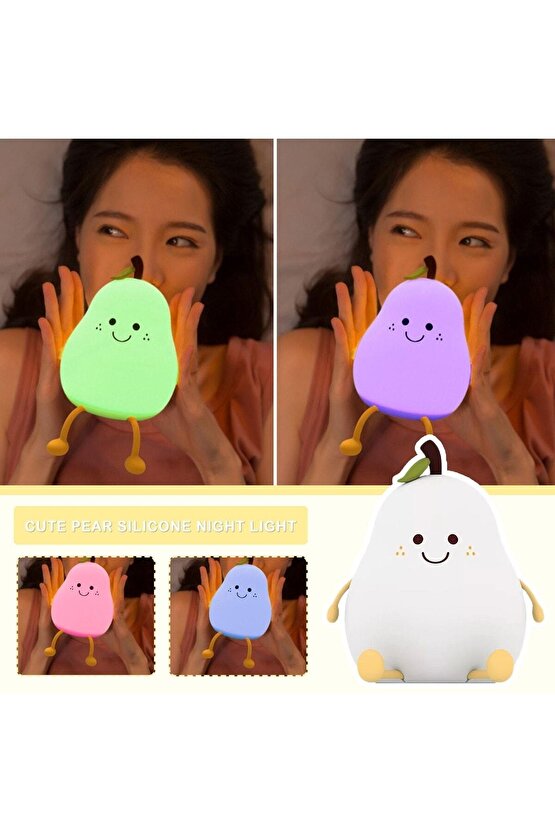 Renkli Usb Şarj Edilebilir Armut Gece Lambası, Silikon, Hediyelik Eşya, Çocuk Gece Lambası