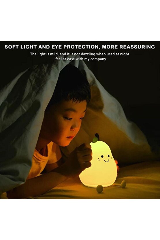 Renkli Usb Şarj Edilebilir Armut Gece Lambası, Silikon, Hediyelik Eşya, Çocuk Gece Lambası