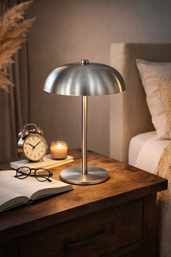 Gümüş Renk Modern Paslanmaz Çelik Masa Lambası Abajur Gece Lambası 15x21 cm