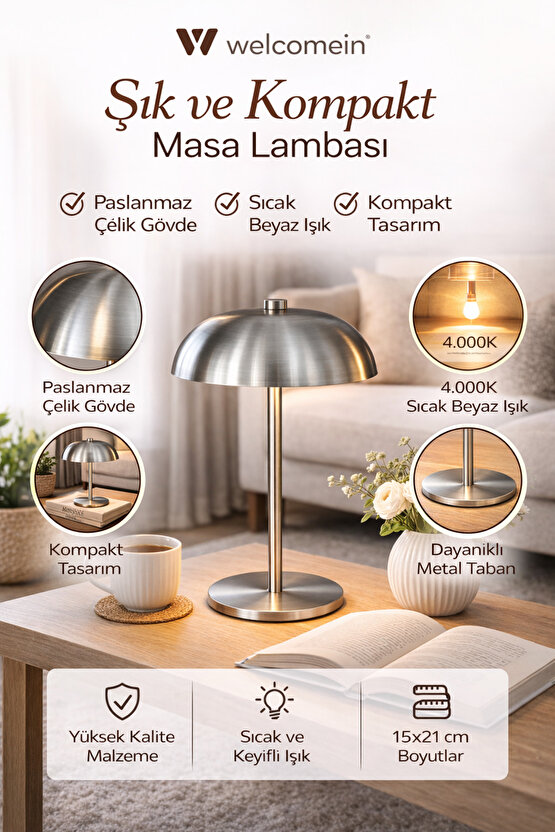 Gümüş Renk Modern Paslanmaz Çelik Masa Lambası Abajur Gece Lambası 15x21 cm