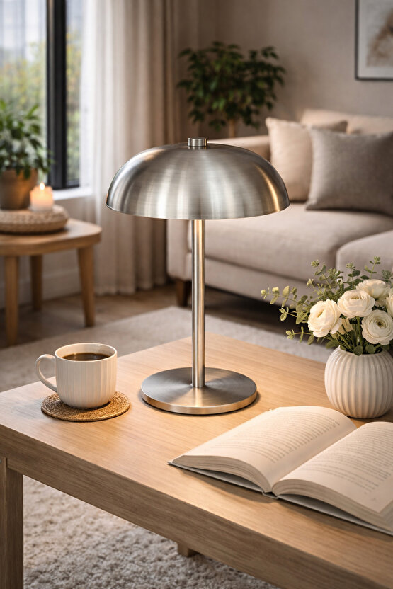 Gümüş Renk Modern Paslanmaz Çelik Masa Lambası Abajur Gece Lambası 15x21 cm