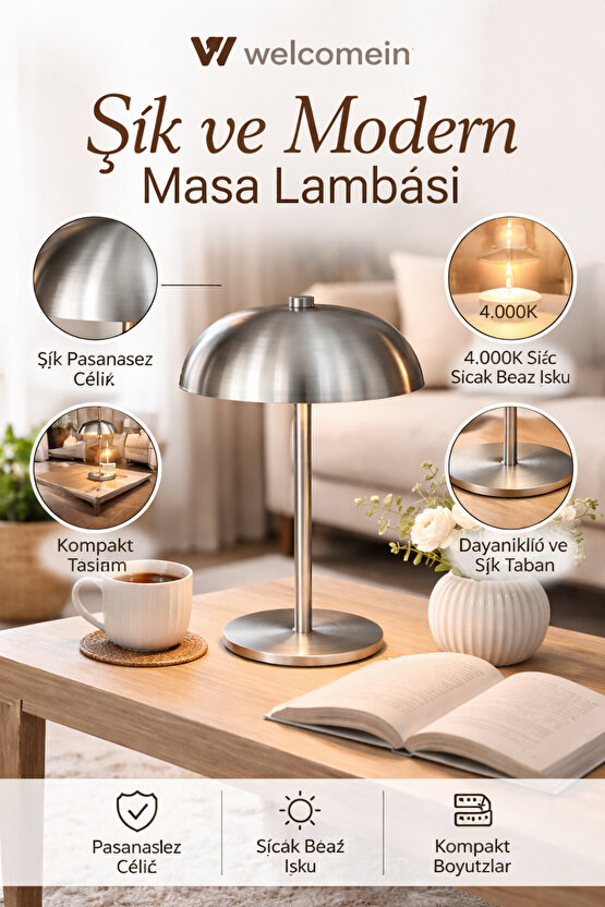 Gümüş Renk Modern Paslanmaz Çelik Masa Lambası Abajur Gece Lambası 15x21 cm