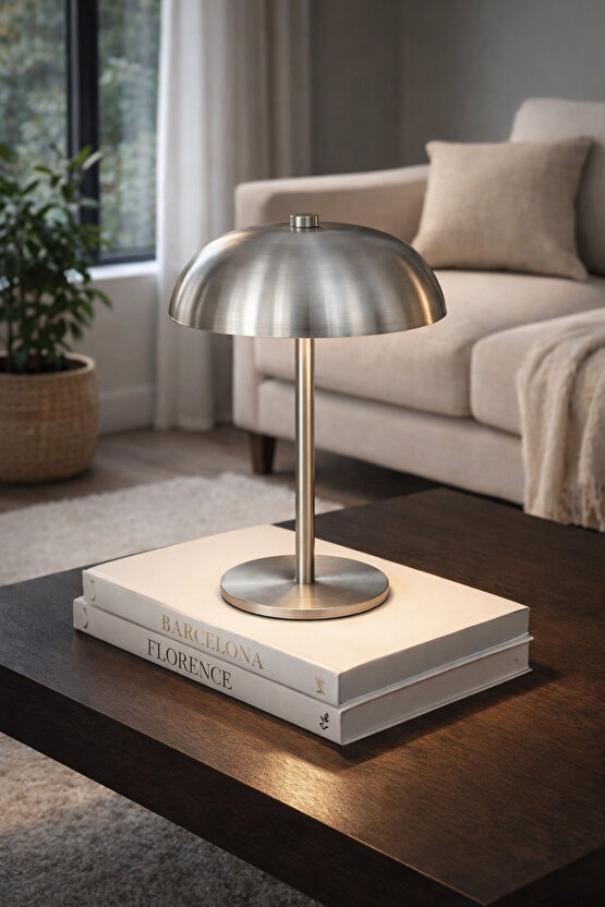 Gümüş Renk Modern Paslanmaz Çelik Masa Lambası Abajur Gece Lambası 15x21 cm