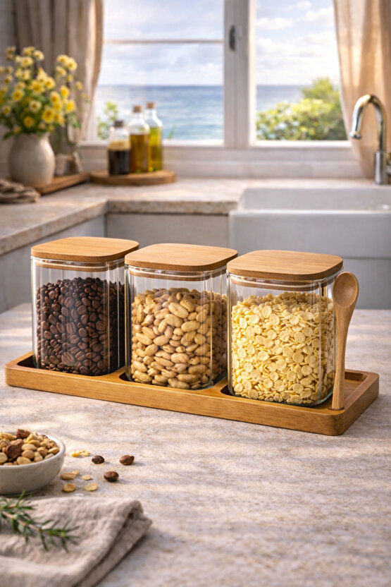 750 ml Kapaklı Akasya Standlı Kaşıklı 3’lü Cam Kavanoz Seti Kahvaltılık  Kuruyemiş  Kahve Saklama
