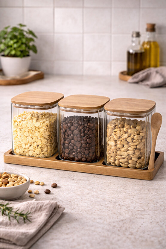 750 ml Kapaklı Akasya Standlı Kaşıklı 3’lü Cam Kavanoz Seti Kahvaltılık  Kuruyemiş  Kahve Saklama