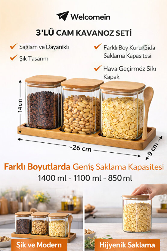750 ml Kapaklı Akasya Standlı Kaşıklı 3’lü Cam Kavanoz Seti Kahvaltılık  Kuruyemiş  Kahve Saklama