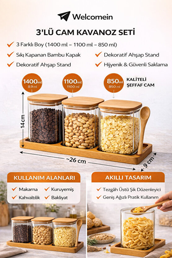 750 ml Kapaklı Akasya Standlı Kaşıklı 3’lü Cam Kavanoz Seti Kahvaltılık  Kuruyemiş  Kahve Saklama