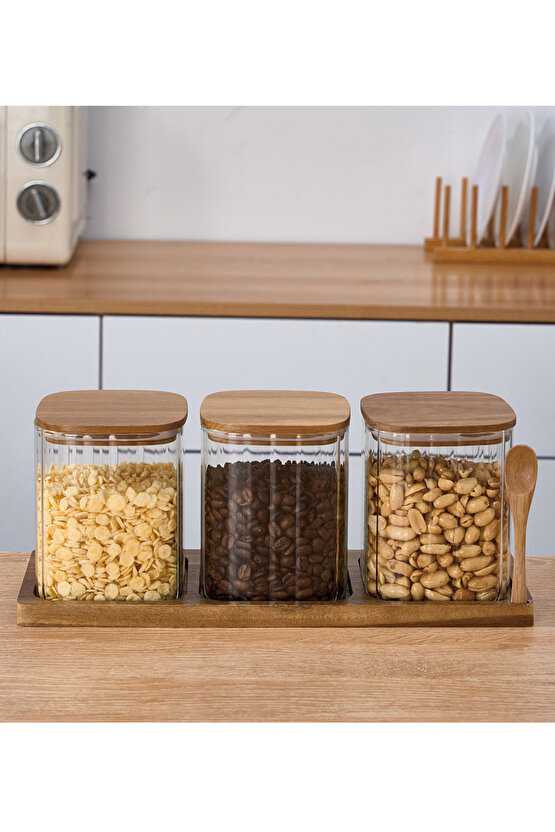 750 ml Kapaklı Akasya Standlı Kaşıklı 3’lü Cam Kavanoz Seti Kahvaltılık  Kuruyemiş  Kahve Saklama