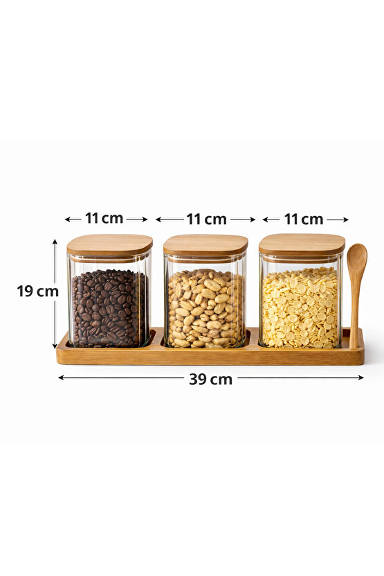 750 ml Kapaklı Akasya Standlı Kaşıklı 3’lü Cam Kavanoz Seti Kahvaltılık  Kuruyemiş  Kahve Saklama