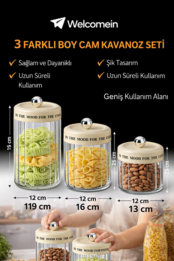 3’lü Cam Kavanoz Seti 1400 ml – 1100 ml – 850 ml Kuru Gıda ve Kuruyemiş Saklama Kavanozu