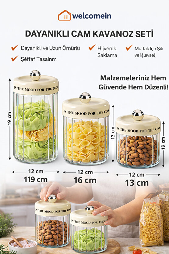 3’lü Cam Kavanoz Seti 1400 ml – 1100 ml – 850 ml Kuru Gıda ve Kuruyemiş Saklama Kavanozu