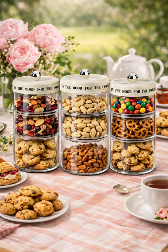 3 Katlı Cam Kuruyemiş ve Atıştırmalık Saklama Kabı Seti 12x12x28 cm