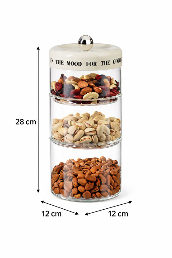 3 Katlı Cam Kuruyemiş ve Atıştırmalık Saklama Kabı Seti 12x12x28 cm