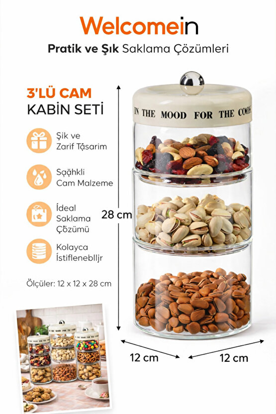 3 Katlı Cam Kuruyemiş ve Atıştırmalık Saklama Kabı Seti 12x12x28 cm