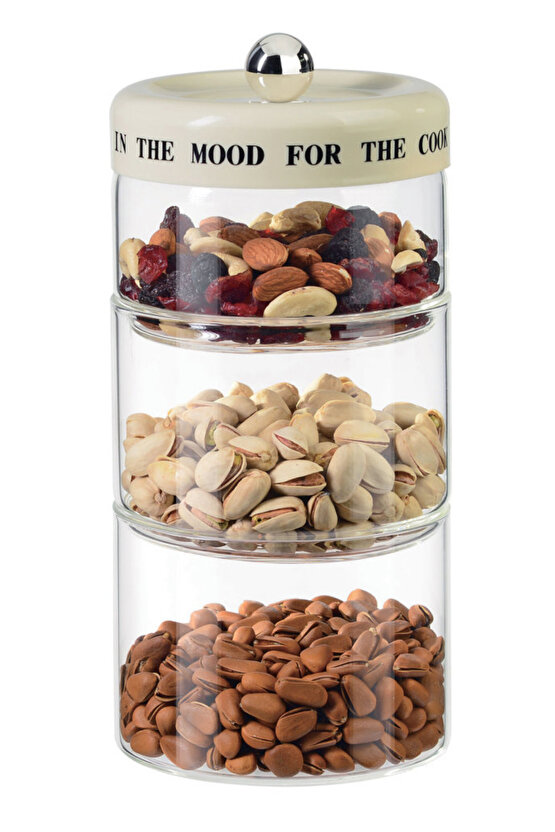 3 Katlı Cam Kuruyemiş ve Atıştırmalık Saklama Kabı Seti 12x12x28 cm