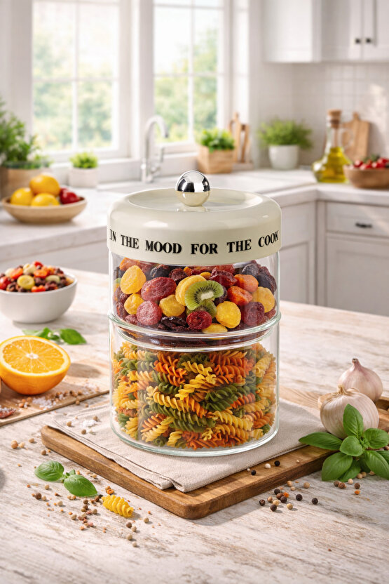 İki Bölmeli Cam Saklama Kavanozu 8 x 20 cm – 750 ml + 600 ml, Akasya Kapaklı