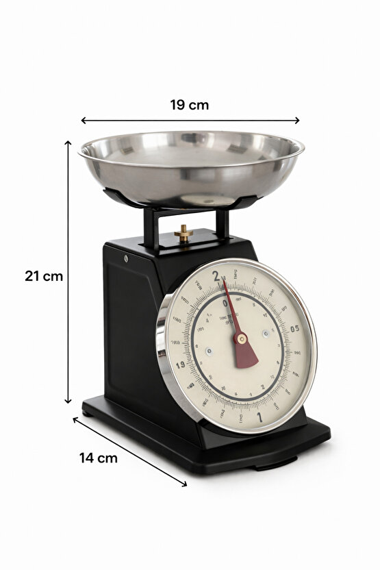 Vintage Tasarım Analog Mutfak Terazisi 5 kg Kapasiteli Pirinç Kaseli Siyah