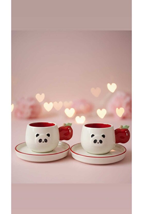 Panda Figürlü 2’li Fincan Seti–Elma Kulplu Seramik Kahve Fincanı–Fincan Takımı–Hediye Fincan
