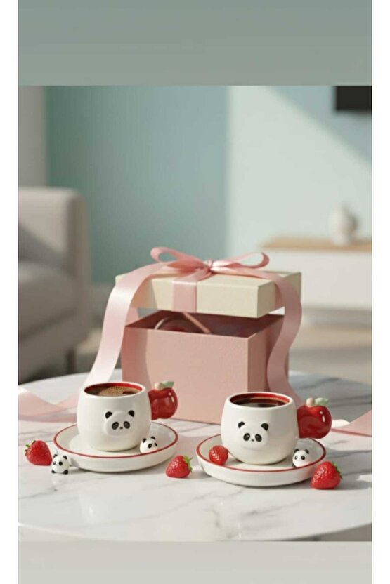 Panda Figürlü 2’li Fincan Seti–Elma Kulplu Seramik Kahve Fincanı–Fincan Takımı–Hediye Fincan