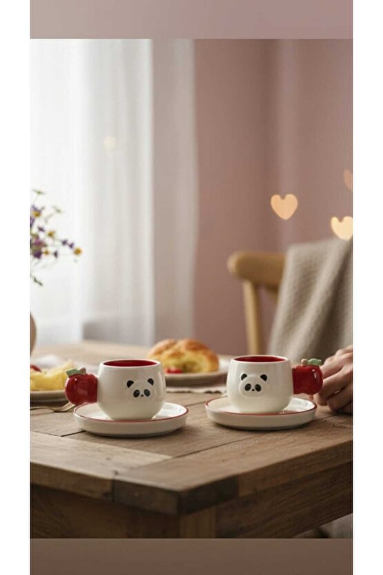 Panda Figürlü 2’li Fincan Seti–Elma Kulplu Seramik Kahve Fincanı–Fincan Takımı–Hediye Fincan