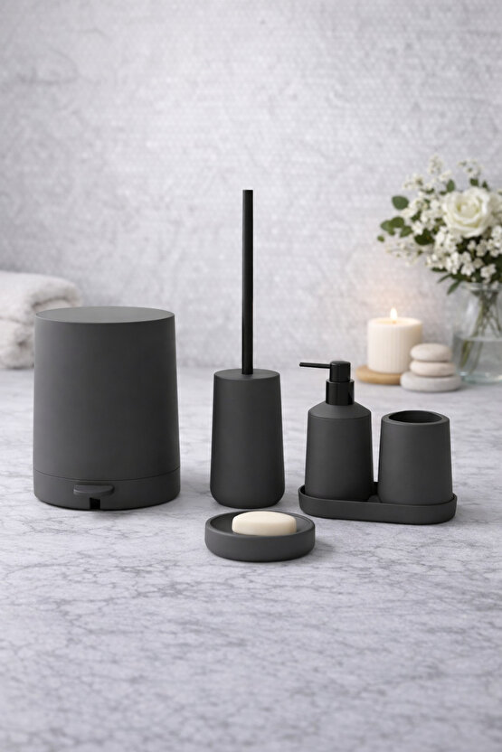 Mat Gri 5 Parça Yuvarlak Banyo Seti – Kovası, Tuvalet Fırçası, Sıvı Sabunluk
