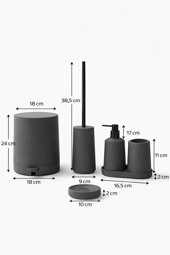 Mat Gri 5 Parça Yuvarlak Banyo Seti – Kovası, Tuvalet Fırçası, Sıvı Sabunluk