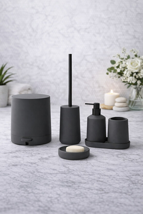 Mat Gri 5 Parça Yuvarlak Banyo Seti – Kovası, Tuvalet Fırçası, Sıvı Sabunluk