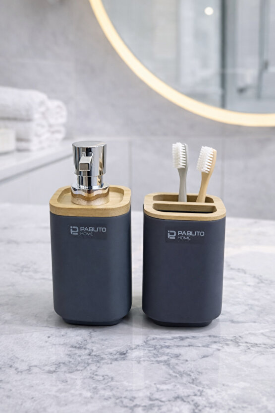 Bambu Detaylı Banyo Seti 6’lı – Mat GriAntrasit Tezgah Üstü Organizer + Pedallı Çöp Kovası