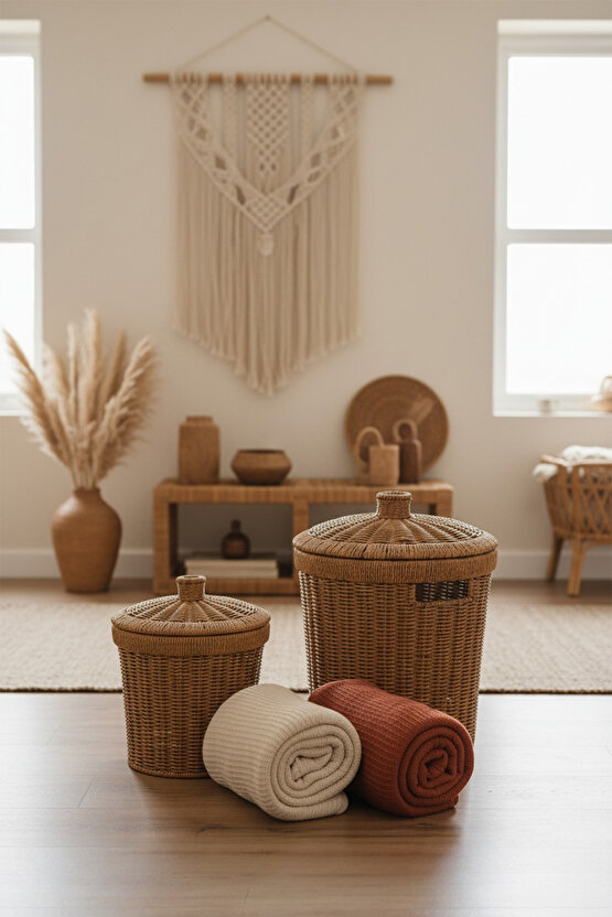 Rattan Konik 2li Kapaklı Sepet